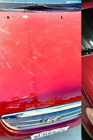 Capô com riscos e oxidação eliminados por polimento profissional — pintura revitalizada — before